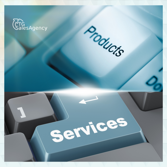 Keyboard keys labeled Products and Services illustrating the difference between product and service sales strategies in B2B environments.